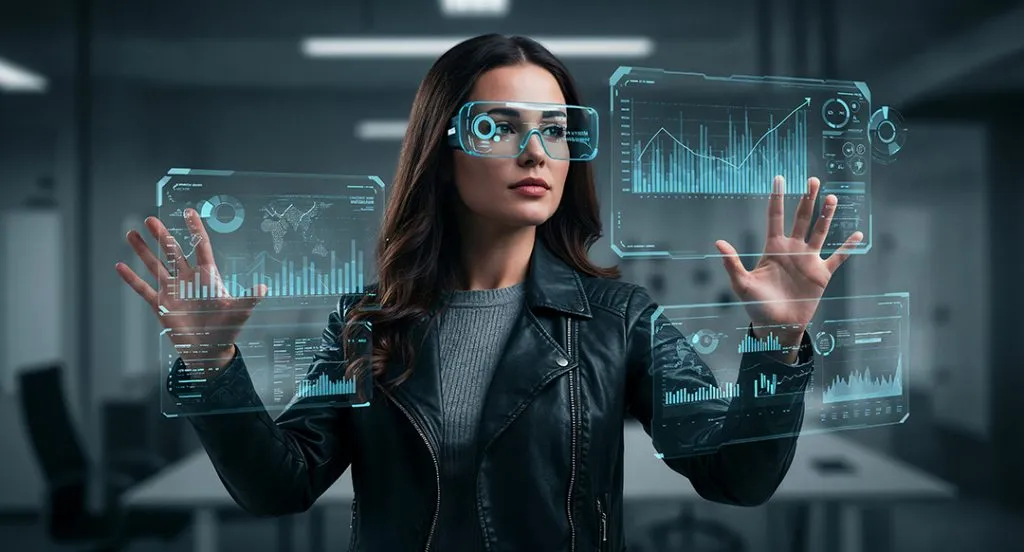 A woman wearing smart glasses working with floating data dashboards in an office