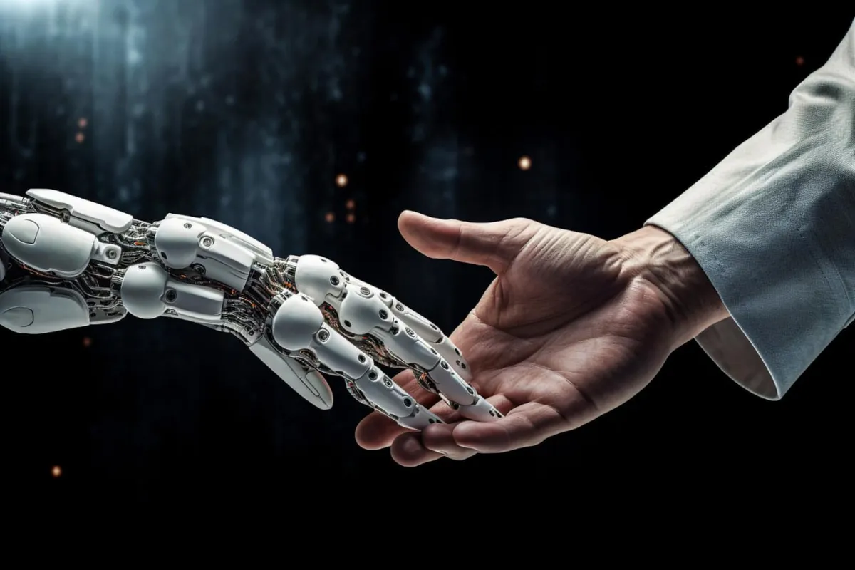 A robotic hand reaching toward a human hand against a dark background