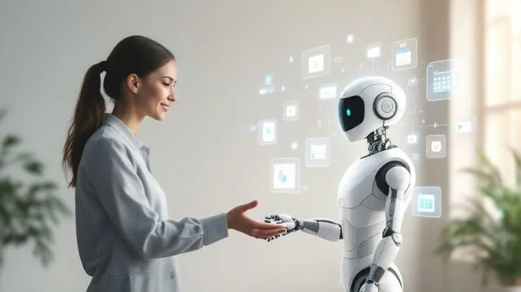 A woman reaching out to shake hands with a white humanoid robot surrounded by app icons